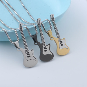 Colar de Guitarra Masculino Hip-Hop, Pingente de Aço Inoxidável Unissex, Joia de Personalidade Estilo <span class=keywords><strong>Rock</strong></span>, Acessório de Suéter com Corrente de Bambu - Product Image 1