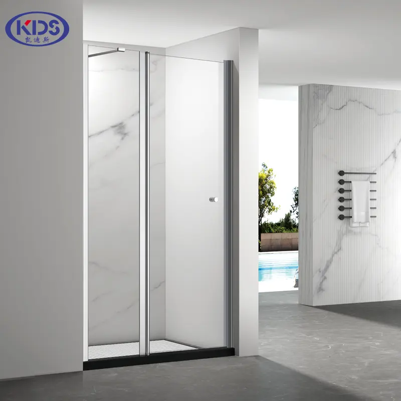 Style minimaliste petite porte de douche pivotante cadre en aluminium deux panneaux charnière douche porte en verre