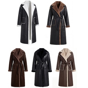 高品質 高級ベルト付きターンカラー 卸売 カスタマイズ レディース ラムファー トリム ロング レザーコート - Product Image 4