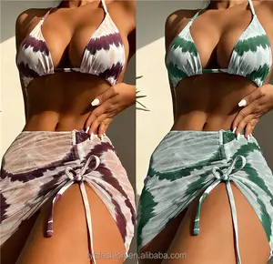 Ba Mảnh Sexi Phụ Nữ Sheer LƯỚI VÁY Micro Mini Bơi Mặc Thong Bikini G-String