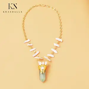 Liontin fluorit hijau alami penyembuhan putih Biwa manik mutiara kalung berlapis emas hadiah perhiasan pernikahan
