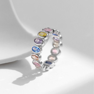 925 <b>Silver</b> <b>Eternity</b> Band <b>Ring</b> With Multicolor Crystal Bezel Setting Trendy Unisex Jewelry For Everyday Wear - Product Image 5