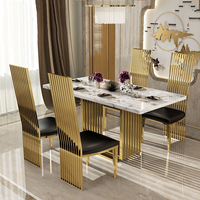 Meubles de salle à manger modernes haut de gamme, ensembles de tables à manger, table à manger carrée en marbre et acier inoxydable antique, chaises