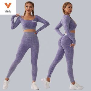 Vlink pakaian olahraga wanita, set atasan halter lengan panjang, pakaian yoga rajutan 2 potong untuk fitness tulang rusuk - Product Image 1