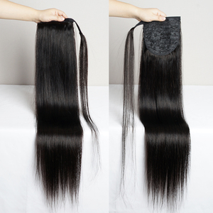 Coletas de cabello humano 100% virgen Remy, extensiones de cabello humano con Clip envolvente, coleta con cordón, venta al por mayor - Product Image 1