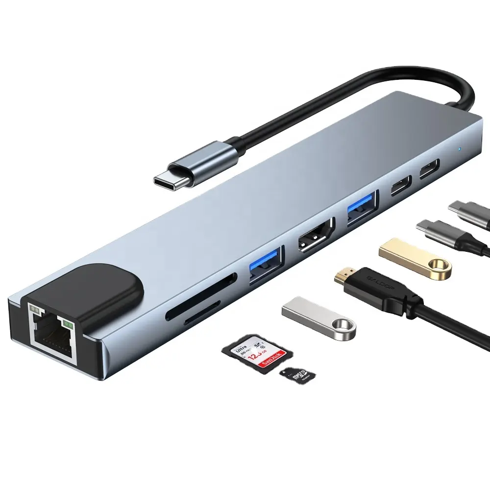 8พอร์ตมัลติฟังก์ชั่อะแดปเตอร์ USB 3.0 Rj45 8 In 1 USB C Hub กับ HDTV