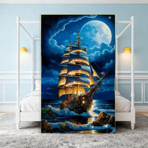 Peinture murale personnalisée pour l'entrée, le couloir, le salon, peinture de paysage marin, voilier, peinture en porcelaine cristalline LED - Product Image 1