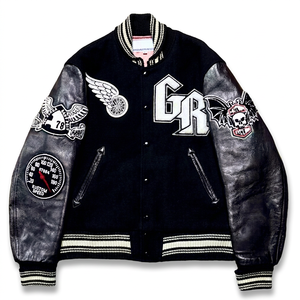 Unisex Black Varsity Jacket Leather Sleeves Embroidered <b>Patch</b> Designs Moto <b>Biker</b> Style Turn-down Collar Regular Fit Custom LOGO - Product Image 1