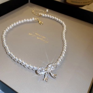 Pearl Necklace Bowknot Choker Gold Silver Beads Party Daily Wear Fashion Jewelry Accessory - Product Image 1