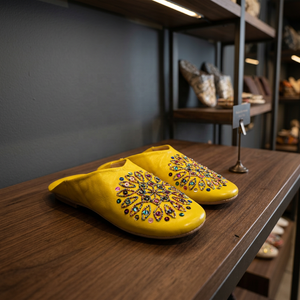 Sandales d'intérieur jaunes en cuir véritable à motif géométrique en strass, à bout ouvert, avec doublure en peluche rembourrée, souples, toutes saisons - Product Image 3