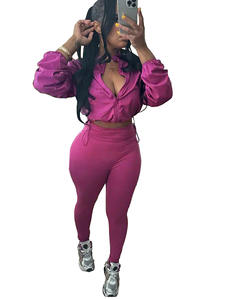 طقم ملابس خريفي مكون من قطعتين ملابس نسائية سادة بأكمام طويلة برباط مع سحاب معطف قصير + ليغنغ نحيف رياضي نسائي غير رسمي - Product Image 3