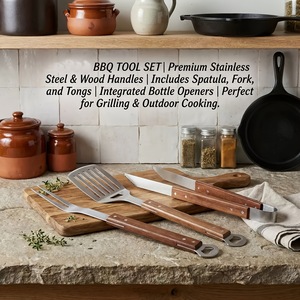 Ensemble d'outils de barbecue en acier inoxydable avec manches en bois de haute qualité, accessoires de barbecue, logo gravé personnalisé - Product Image 2