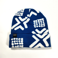 Topi Kupluk Rajut Akrilik Jacquard Logo Kustom Label Tenun Biru Grosir, Topi Rajut Jacquard Musim Dingin