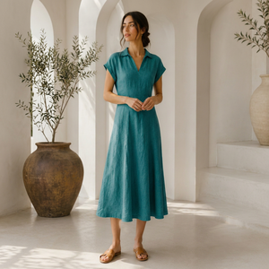 Vestido Camisero de Lino para Mujer, Casual, Cuello en V, Midi, Natural, Sin Mangas, para Todas las Temporadas, Elegante, para Oficina, Ecológico, Transpirable - Product Image 1