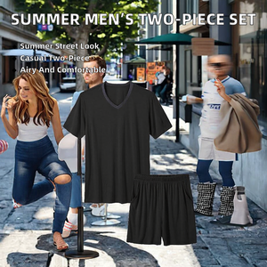 Vente en gros de t-shirts à manches courtes tendance pour hommes, respirants, en polyester/coton, pour l'été, et shorts décontractés polyvalents - Product Image 1