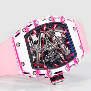 Montre mécanique squelette tourbillon résistante aux chocs TPT Tonneau en quartz rose pour homme, ultra-légère, de luxe, avec bracelet en caoutchouc - Product Image 1