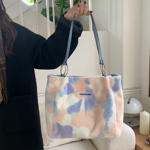 Sac fourre-tout en fausse fourrure de lapin, marron et bleu, couleur unie, fermeture éclair, pour tenues de tous les jours, sac à bandoulière grande capacité pour femmes - Product Image 4