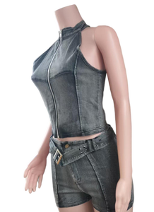 Ultimo Design: Set di Jeans da <span class=keywords><strong>Donna</strong></span> Lavati in Khaki e Nero, Top Senza Maniche con Cerniera e Pantaloncini in <span class=keywords><strong>Denim</strong></span>, Completo 2 Pezzi - Product Image 6