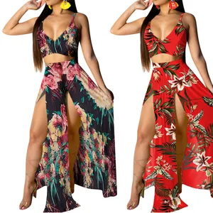 Sexy Fashion Dresses Summer Suspender Printed Maxi two piece pants set,New style V-neck sleeveless casual women dress elegant ca