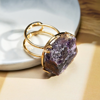 Bagues en pierre précieuse d'agate de Druzy naturelle, anneaux réglables en Agate de Druzy avec bord doré, bague en pierre de Quartz solaire blanche