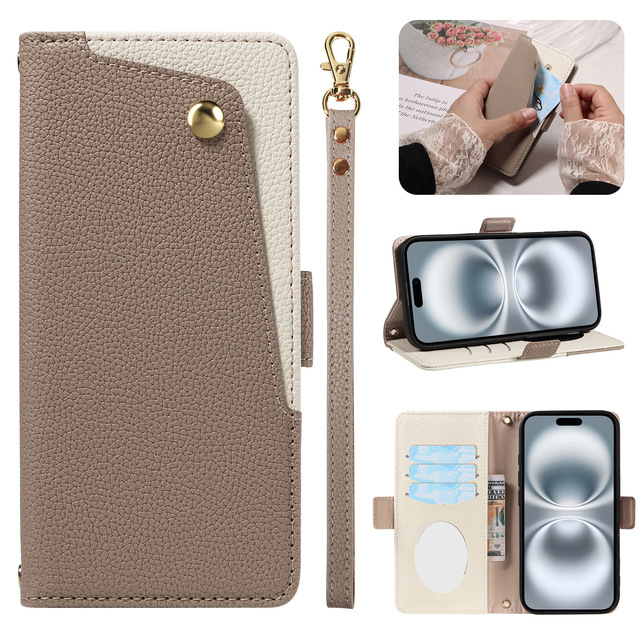 Girl Woman Card Slots PU Leather Flip Wallet Mobile Phone Case for iPhone 17 16 15 Pro Max Protective Cover with Makeup Mirror