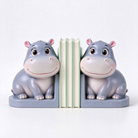 Paire d'entretoises à livres en polyrésine motif hippopotame de dessin animé, peintes à la main, décoration de bureau pour chambre d'enfant, table d'étude, cadeau