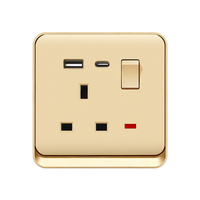 Prise murale FIKO type 86, finition or mat, universelle UK, cinq trous, 1 interrupteur 1 voie, avec ports LED USB+Type-C