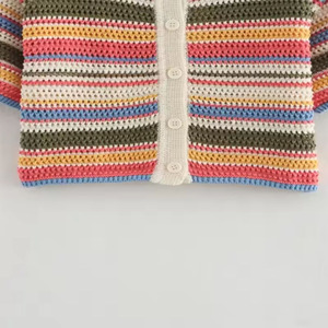 Cardigan Corto da <span class=keywords><strong>Donna</strong></span> alla Moda a Righe Lavorato all'Uncinetto con Colletto <span class=keywords><strong>Polo</strong></span> e Bottoni Manica Corta - Product Image 4