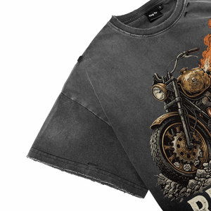 T-shirts pour hommes vintage effet vieilli, motif moto, délavés à l'acide, mode décontractée, manches courtes, avec lettres, coupe oversize, style streetwear - Product Image 4