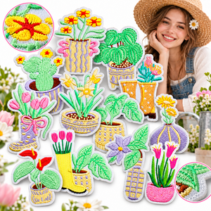 Patch brodé thermocollant <span class=keywords><strong>en</strong></span> gros pour jardin printanier, motifs fleurs, plantes, tulipes, cactus, monstera, marguerites, style botte de pluie - Product Image 1