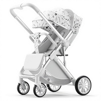 Poussette Trône Bébé Portable Grise Style Français Luxe 3-en-1 Pliable avec Siège Auto en Métal