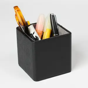 Minimalist office set desktop pen holder black pencil storage organizer saffiano leather pen holder for desk