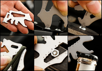 Carte d'outils multifonctionnelle de camping en plein air en acier inoxydable en forme d'ours personnalisée 12-en-1, gadget de survie pour portefeuille de poche, noir/argent hexagonal