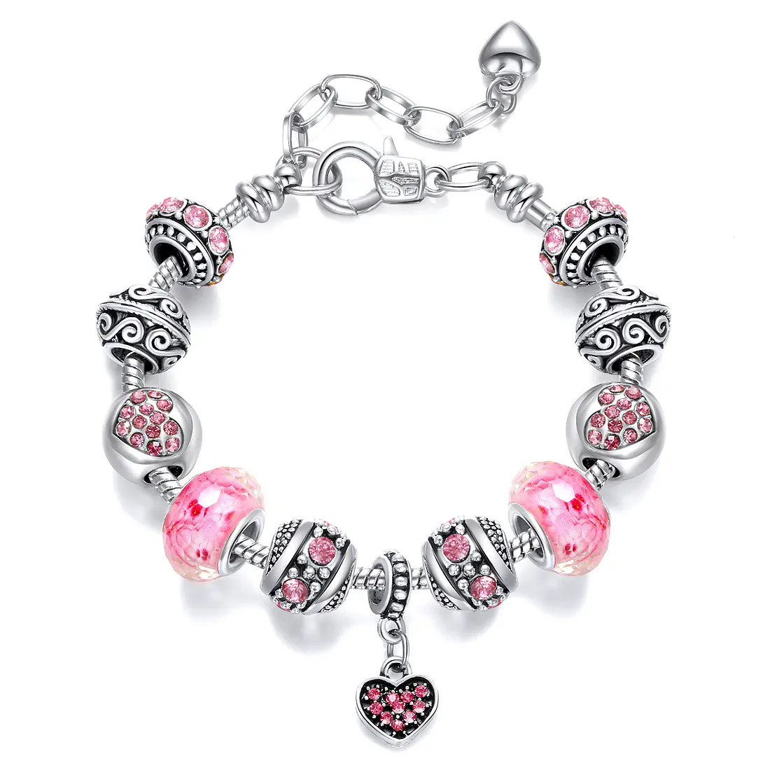 Amazon Trendy Dazzling Crystal Beads Bracelets Snake Chain Pink CZ Heart Charm Bracelet Valentines Gift Fashionable Jewelry