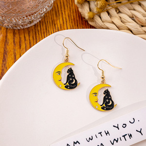 Netter <span class=keywords><strong>Halloween</strong></span> Schädel schwarzer Kitty Haken Ohrring für Frauen Schmuck Emaille Katze Sonne Mond Stern Geist baumeln Piercing Party Ohr Geschenk - Product Image 3
