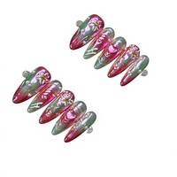 Faux ongles press-on faits main B191, forme amande, couvrance totale, motif fleur rose vert perle pour doigts