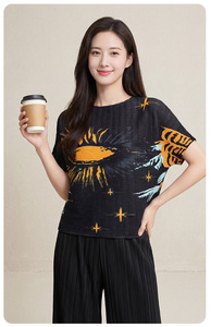 PY Casual Sky Print Pleated Top Women Fashion T-shirt Elegant Stand Collar Short Sleeve Loose Breathable Blouse Bulk Clothing - Product Image 2