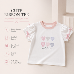เสื้อยืดเด็กผู้หญิง คอตตอนนุ่ม แขนพอง ลายหัวใจ แต่งโบว์สีชมพู สไตล์โคเควตต์ รับผลิตตามสั่งขายส่ง (OEM) - Product Image 5