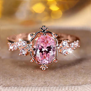 Anillo de compromiso para mujer A145, aleación de cristal, diamantes de imitación, piedra ovalada rosa, joyería para regalo de boda - Product Image 1