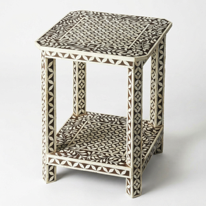 Handcrafted Bone Inlay Two Tier Side <b>Table</b> Square <b>End</b> <b>Table</b> Modern Accent Furniture Living Room Bedroom <b>Storage</b> Design - Product Image 1