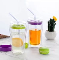 Tasse à café bouteille d'eau mignon gobelet tasse Logo personnalisé verre borosilicaté canette de bière verre avec couvercles et pailles en verre rondes 300ml