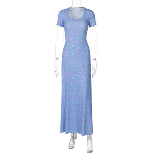 C0882 moda estiva stampa floreale O collo con cinturino posteriore abito lungo da vacanza a maniche corte - Product Image 4