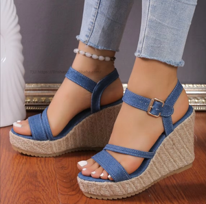 Summer Women's Wedge High Heel Sandals Round Toe Black Cloth Material Platform <b>Open</b> Sandals - Product Image 4