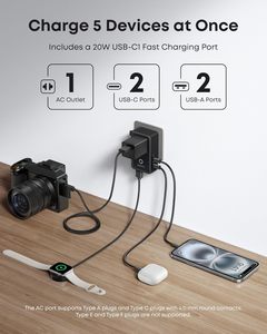 Anker Nano Travel Adapter 5 Port 20W Smart Temperature Control Power for Smartphone Camera A9215 Universal <b>Plug</b> <b>C</b> - Product Image 5