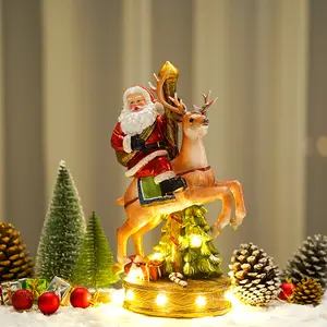 树脂可爱礼品驯鹿圣诞摆件圣诞装饰带灯圣诞工艺品旋转音乐盒圣诞老人