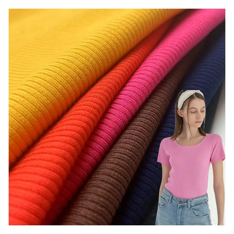 Tecido viscose 330gsm 2x2 para suéter, tecido liso personalizado com nervuras macias, rayon 95% 5% elástico, brilhante e sólido