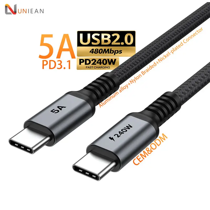 थोक उच्च गुणवत्ता लट 3m USBC प्रकार सी डाटा केबल PD3.1 240W 48V 5A तेजी से चार्ज 480mbps डाटा हस्तांतरण केबल प्रकार सी