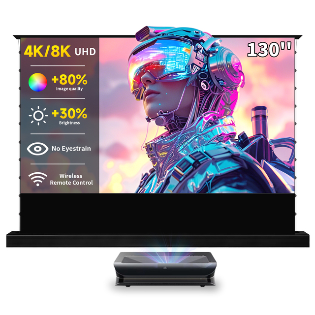 130 Inch CBSP Motorized Tab-Tension Projection Screen for 4K 8K Laser UST Projector UST ALR Floor Rising Projector Screen