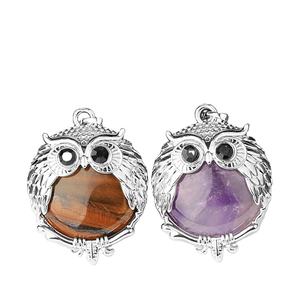 Ciondolo a Forma di Gufo in Argento con Pietra Naturale, Charm Rotondo in Cristallo Curativo per Creazione di Gioielli - Product Image 2