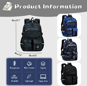 Sac à dos pour garçon, cartable pour enfants, sac à dos en toile bleu camouflage multi-poches - Product Image 2